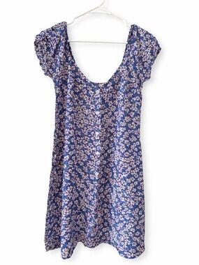 Blue Floral Scoop-Neck Mini Dress